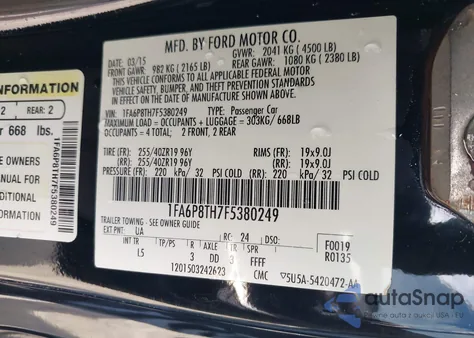 2015 Ford Mustang Ecoboost из США, поврежденный, VIN 1FA6P8TH7F5380249